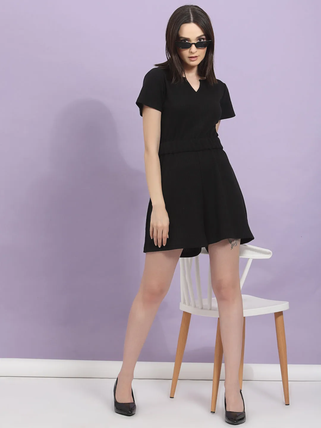 Self Textured Playsuit With Split Crew Neck