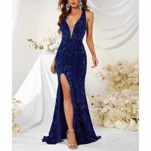 V Neck High Slit Sequin Dress In Royal Blue Women Prom Dress