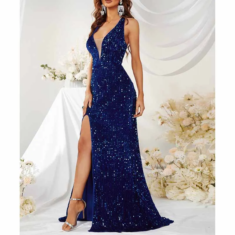 V Neck High Slit Sequin Dress In Royal Blue Women Prom Dress