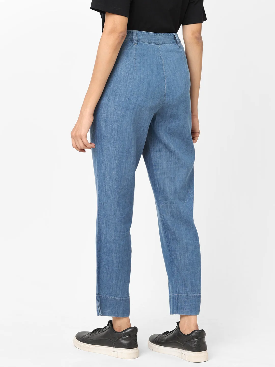 Women's Denim Blue Cotton Viscose  Regular Fit Pant