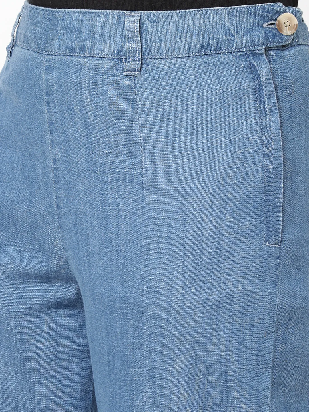 Women's Denim Blue Cotton Viscose  Regular Fit Pant