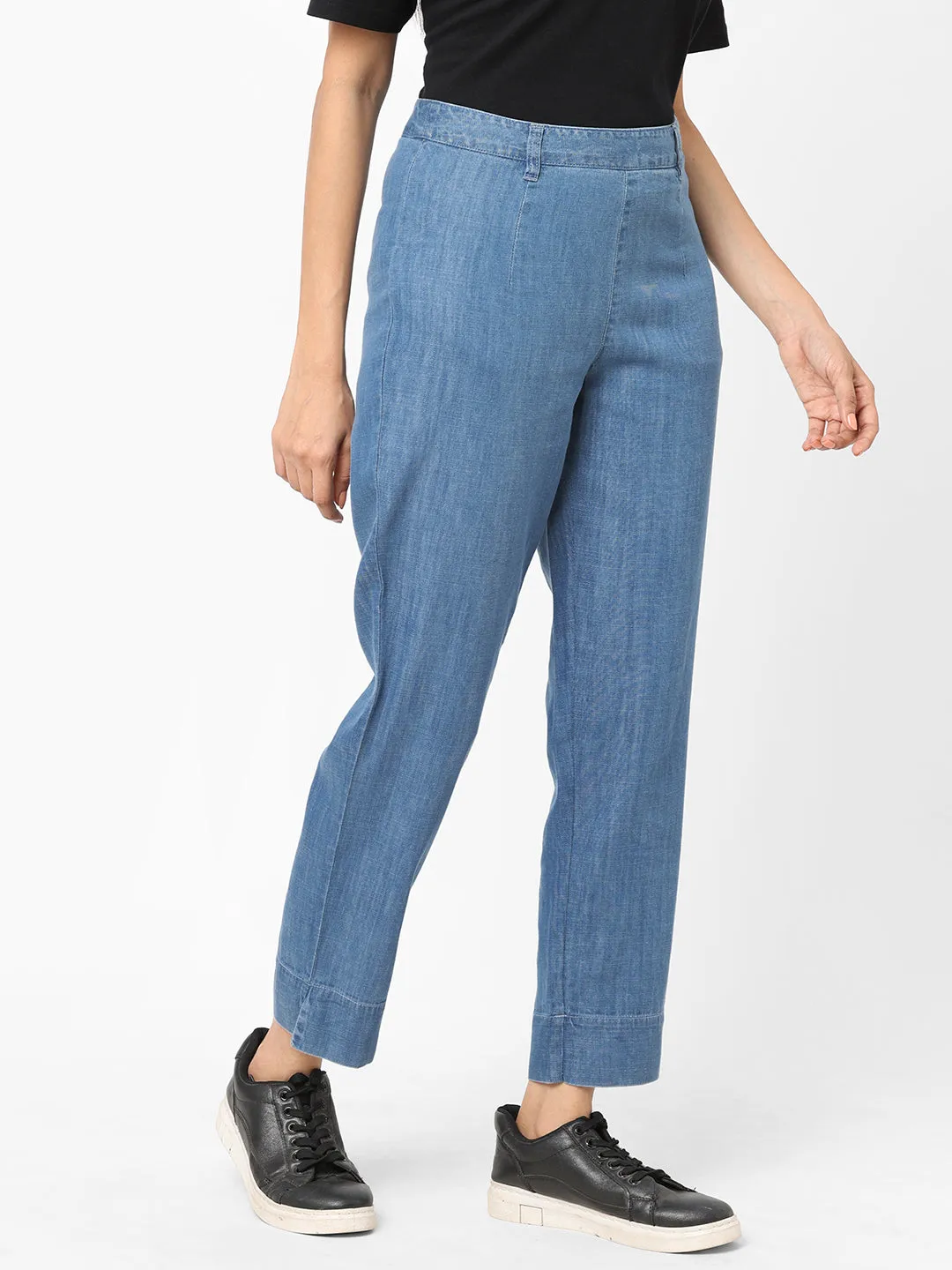 Women's Denim Blue Cotton Viscose  Regular Fit Pant